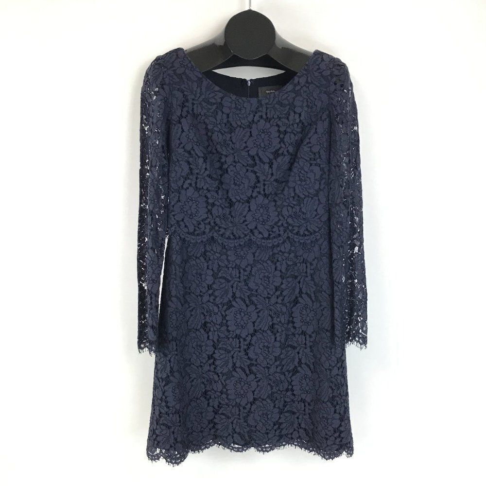Vera Wang Floral Lace Sheath Dress Women’s Size 6 Navy Scalloped Fringe Zip HOCO